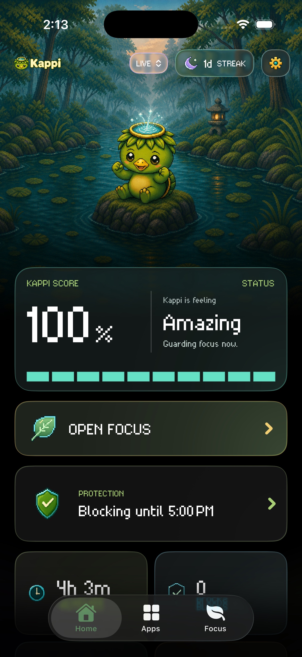 Kappi app Home screen showing a 100 percent score, focus controls, protection status, and today's focus stats